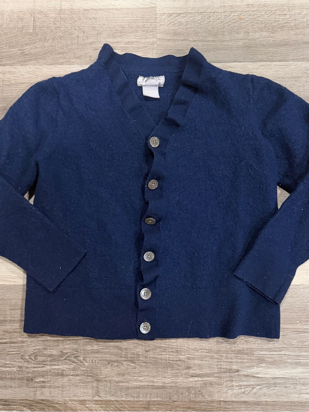 JCP Women’s Navy Blue Merino Wool V-Neck Button-Front Ruffle Cardigan Sweater L
